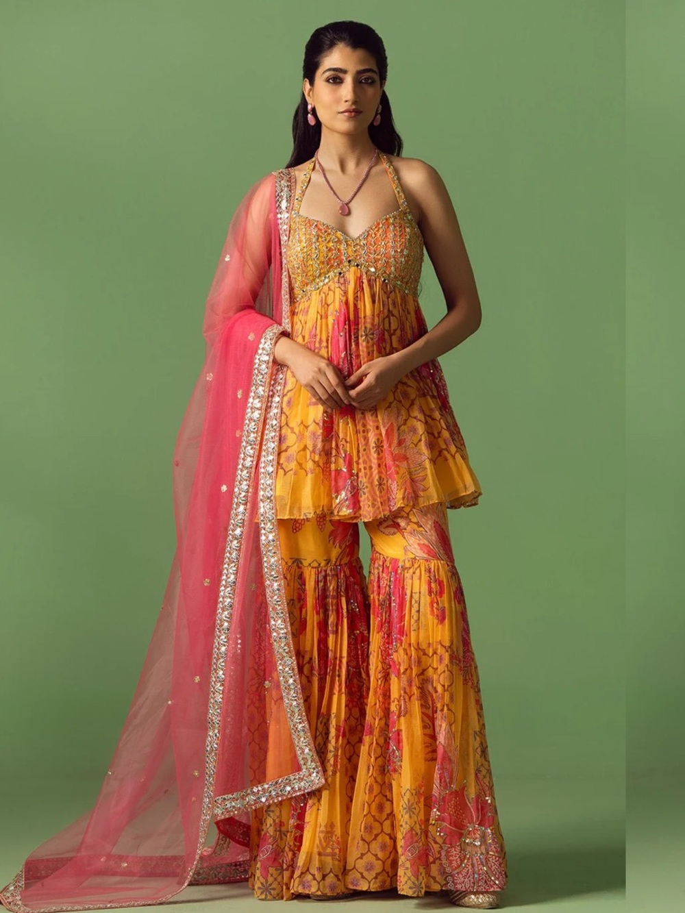 Mustard Yellow and Pink Floral Printed Gharara